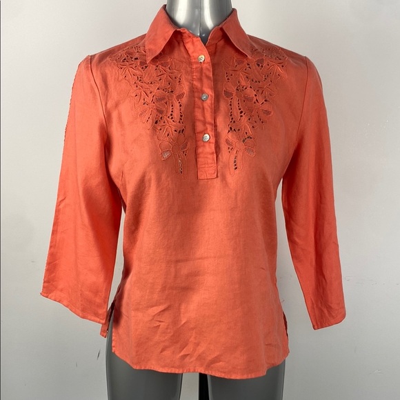 Orange 100% linen half sleeve breathable lightweight formal embroidered top sz M - Picture 1 of 8